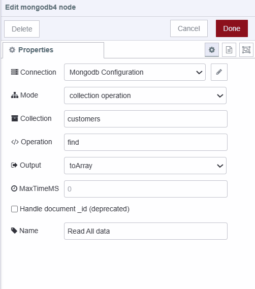 "Screenshot displaying configuration of MongoDB 4 node for retrieving data"